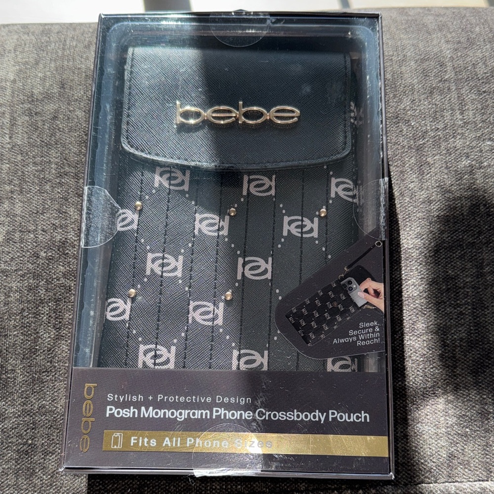 NIB Bebe Black and Gold Monogram Phone Crossbody Case